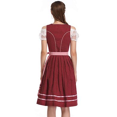 Women's 3-Piece Dirndl Costume for Oktoberfest Polka Dot Dress with Off Shoulder Top and Apron