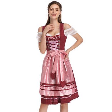 Women's 3-Piece Dirndl Costume for Oktoberfest Polka Dot Dress with Off Shoulder Top and Apron
