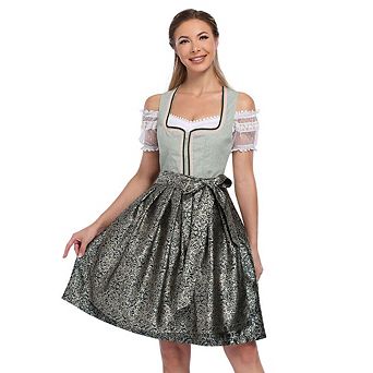 Women's Vintage 3 pc Oktoberfest Costume Green Dress with Apron and Off Shoulder Crop Top