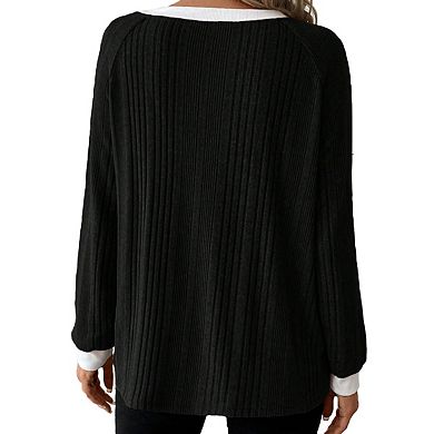 Women's Long Sleeve Ribbed Knit Sweater Top Casual Round Neck T-Shirt