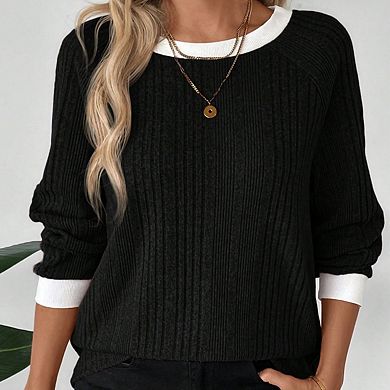 Women's Long Sleeve Ribbed Knit Sweater Top Casual Round Neck T-Shirt