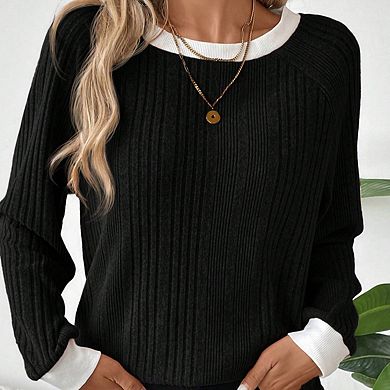 Women's Long Sleeve Ribbed Knit Sweater Top Casual Round Neck T-Shirt