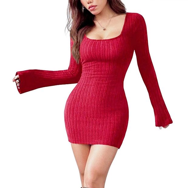 Women's Square Neck Bodycon Ribbed Knit Long Sleeve Slim Fit Party Dresses