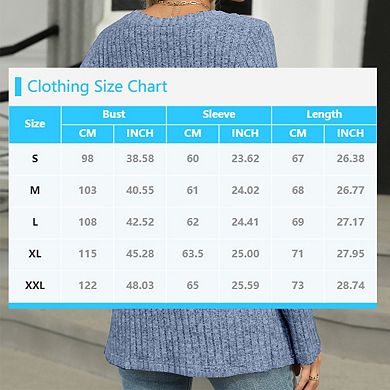 Women's Button Detail Long Sleeve T-Shirt Ribbed Knit Loose Fit Casual Top
