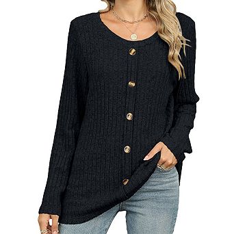 Women's Button Detail Long Sleeve T-Shirt Ribbed Knit Loose Fit Casual Top