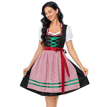 Women's 3 pc Vintage Dirndl Dress Oktoberfest Costume with Crop Top and Pink Plaid Apron