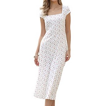 Floral Dress for Women's Square Neck Cap Sleeves Summer Casual Maxi A-Line Dresses