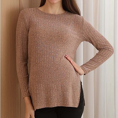 Maternity Ribbed Knit Crew Neck Long Sleeve Top with Side Slits, Solid Color Pregnancy Tunic Blouse
