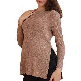 Maternity Ribbed Knit Crew Neck Long Sleeve Top with Side Slits, Solid Color Pregnancy Tunic Blouse