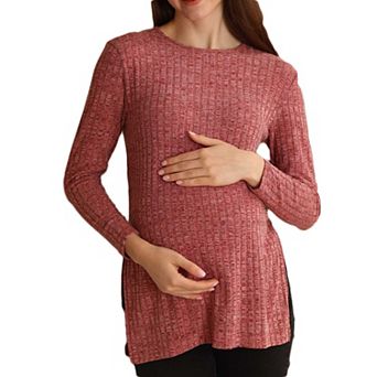 Maternity Ribbed Knit Crew Neck Long Sleeve Top with Side Slits, Solid Color Pregnancy Tunic Blouse