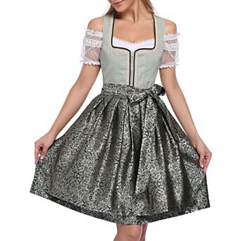 Women's 3 pc Oktoberfest Costume: Square Neck Sleeveless Dirndl Apron Off-Shoulder Crop Top
