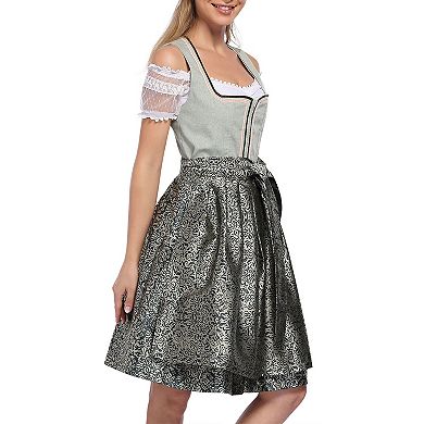 Women's 3-Piece Oktoberfest Costume: Square Neck Sleeveless Dirndl Apron Off-Shoulder Crop Top