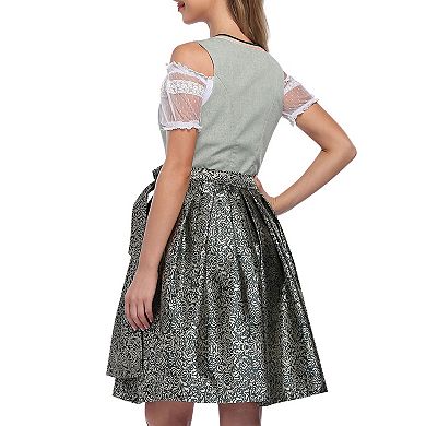 Women's 3-Piece Oktoberfest Costume: Square Neck Sleeveless Dirndl Apron Off-Shoulder Crop Top