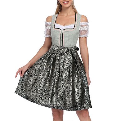 Women's 3-Piece Oktoberfest Costume: Square Neck Sleeveless Dirndl Apron Off-Shoulder Crop Top