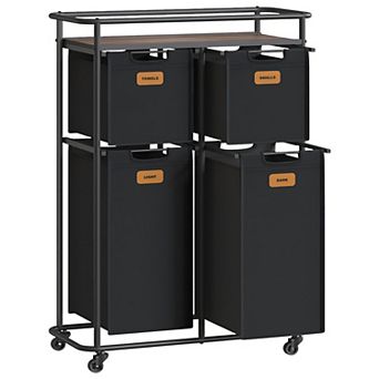 Laundry Cart with 4 Sections, 39.6-Gallon Capacity, Labels and Lockable Casters