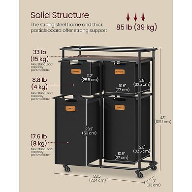 Laundry Cart with 4 Sections, 39.6-Gallon Capacity, Labels and Lockable Casters