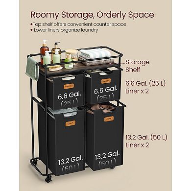 Laundry Cart with 4 Sections, 39.6-Gallon Capacity, Labels and Lockable Casters