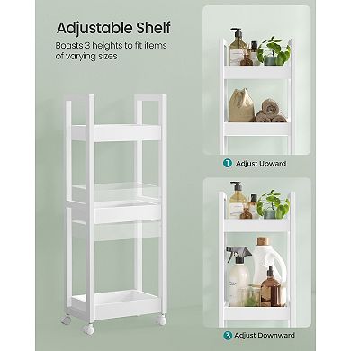 Slim Rolling Storage Cart for Bathroom or Kitchen with Adjustable Middle Shelf - White
