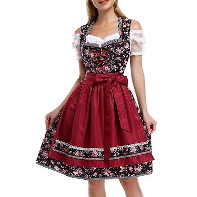 Women's 3-Piece Floral Beer Maiden Set: Lace Trim Dirndl + Embroidered Apron Off-Shoulder Crop Top