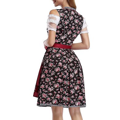 Women's 3-Piece Floral Beer Maiden Set: Lace Trim Dirndl + Embroidered Apron Off-Shoulder Crop Top