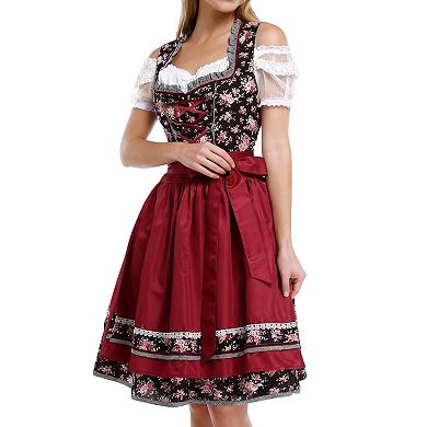 Women's 3-Piece Floral Beer Maiden Set: Lace Trim Dirndl + Embroidered Apron Off-Shoulder Crop Top