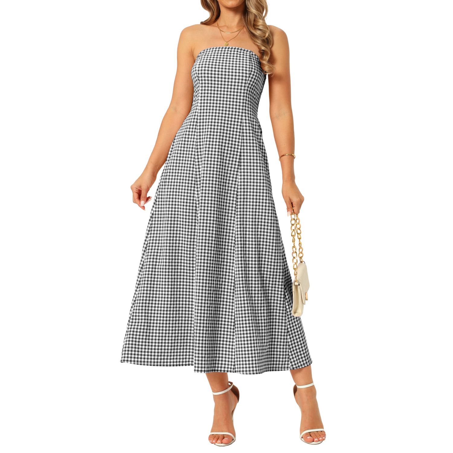 Женские платья Gingham Strapless Maxi Dress Casual Sleeveless Off Shoulder Smocked Beach Long Sundress