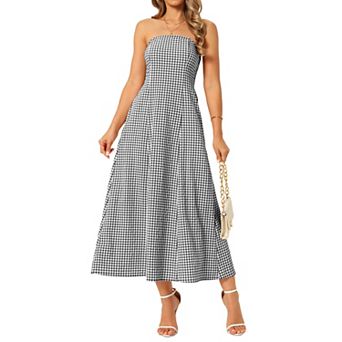 Women's Gingham Strapless Maxi Dress Casual Sleeveless Off Shoulder Smocked Beach Long Sundress