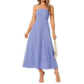 Women's Gingham Strapless Maxi Dress Casual Sleeveless Off Shoulder Smocked Beach Long Sundress