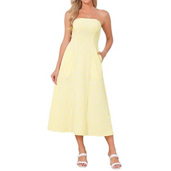 Women's Gingham Strapless Maxi Dress Casual Sleeveless Off Shoulder Smocked Beach Long Sundress