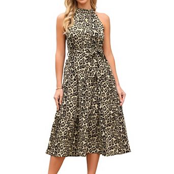 Women's Leopard Maxi Dress Summer Halter Neck Tiered Belt Waisted A-Line Flowy Cocktail Long Dresses