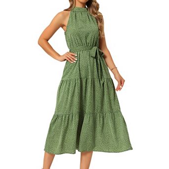 Women's Leopard Maxi Dress Summer Halter Neck Tiered Belt Waisted A-Line Flowy Cocktail Long Dresses