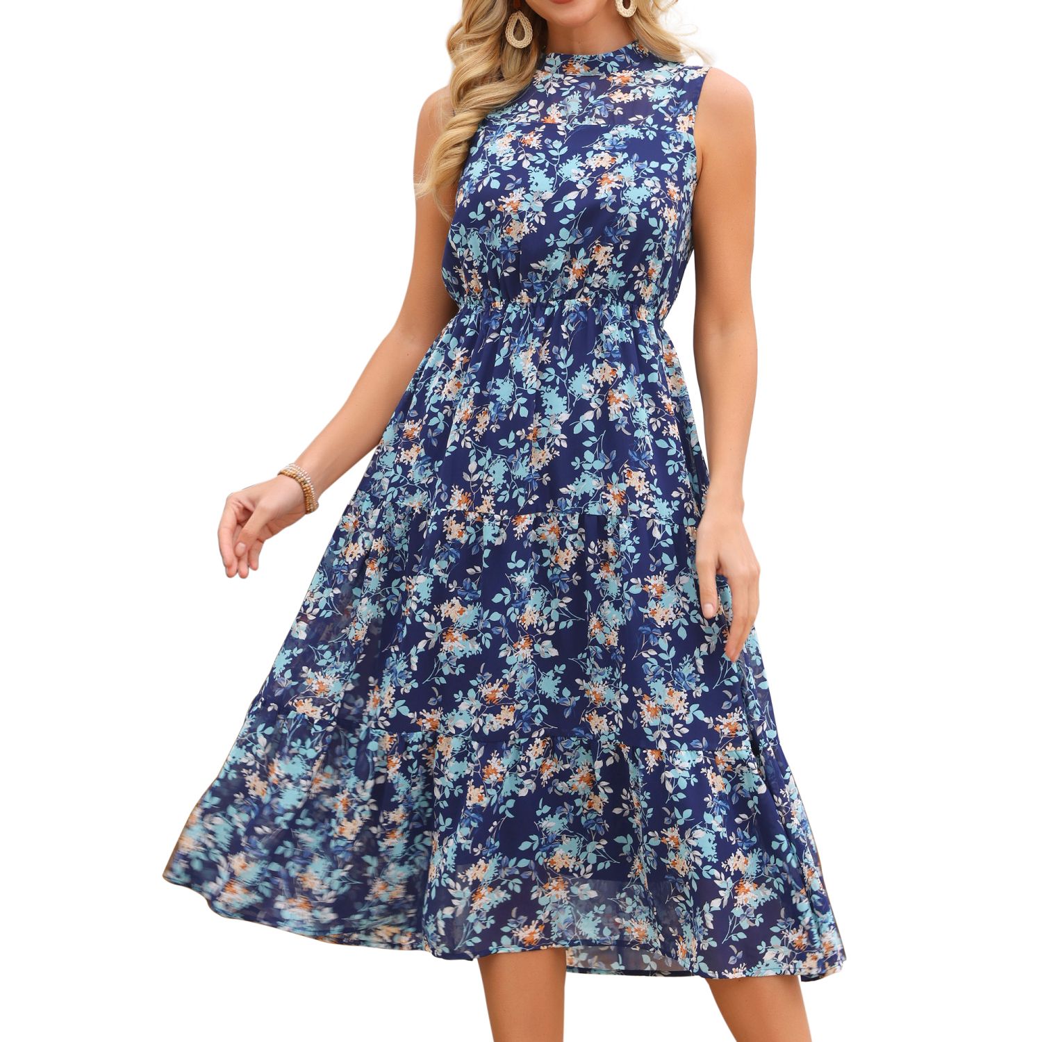 Женские платья Summer Dresses Floral Chiffon Sundress Sleeveless Mock Neck Tiered Wedding Party Midi Dress