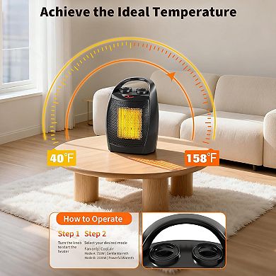 Portable Electric Space Heater 1500W 750W Desk Heater Fan Safe Quiet Silver/Black