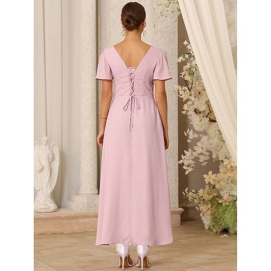 Women's Wedding Guest Dress Chiffon V Neck Pleated A-Line Maxi Formal Cocktail Dresses