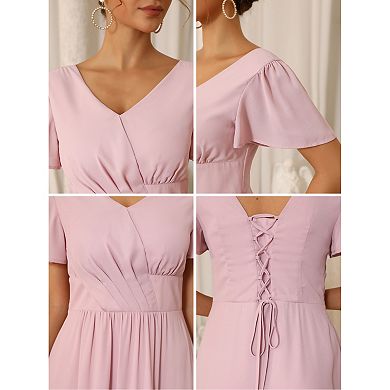 Women's Wedding Guest Dress Chiffon V Neck Pleated A-Line Maxi Formal Cocktail Dresses