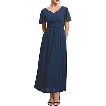 Women's Wedding Guest Dress Chiffon V Neck Pleated A-Line Maxi Formal Cocktail Dresses