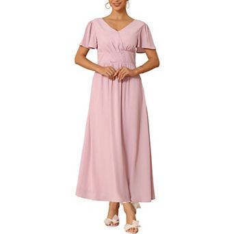 Women's Wedding Guest Dress Chiffon V Neck Pleated A-Line Maxi Formal Cocktail Dresses