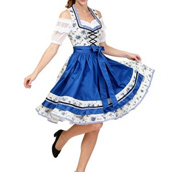 Women's 3 pc Floral Dirndl Set: Square Neck Dirndl Dress Apron Lace Crop Top