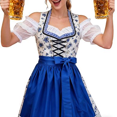 Women's 3-Piece Floral Dirndl Set: Square Neck Dirndl Dress Apron Lace Crop Top