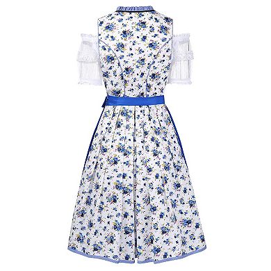 Women's 3-Piece Floral Dirndl Set: Square Neck Dirndl Dress Apron Lace Crop Top