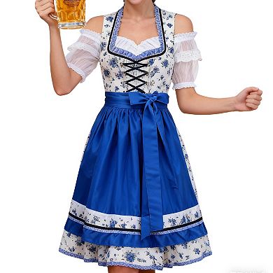 Women's 3-Piece Floral Dirndl Set: Square Neck Dirndl Dress Apron Lace Crop Top