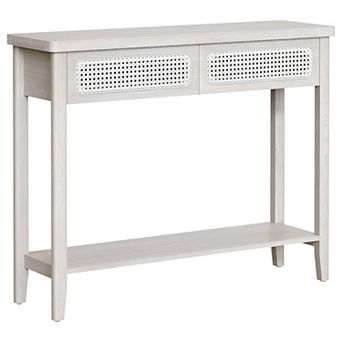 Oatmeal Beige Console Table for Entryway or Living Room with Rattan-Style Drawers and Open Shelf