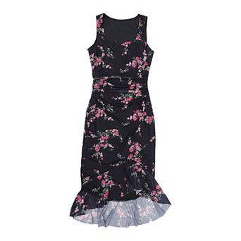 Summer Floral Bodycon Dress for Women's Sleeveless Square Neck Ruched Mesh Fishtail Dresses
