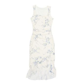 Summer Floral Bodycon Dress for Women's Sleeveless Square Neck Ruched Mesh Fishtail Dresses