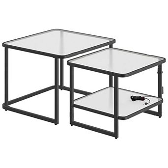 Glass Nesting Table Set for Living Room or Bedroom with Adjustable LED Lighting