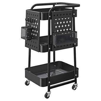 3 tier Rolling Utility Cart for Kitchen or Bathroom with Pegboards and Mesh Shelves Ink Black