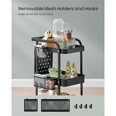 3-Tier Rolling Utility Cart for Kitchen or Bathroom with Pegboards and Mesh Shelves Ink Black