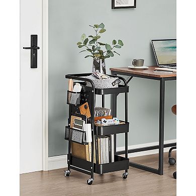 3-Tier Rolling Utility Cart for Kitchen or Bathroom with Pegboards and Mesh Shelves Ink Black