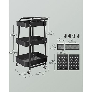 3-Tier Rolling Utility Cart for Kitchen or Bathroom with Pegboards and Mesh Shelves Ink Black