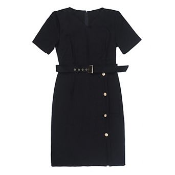 Women's Sheath Dress with Belted Button Decor Short Sleeve Pencil Dress